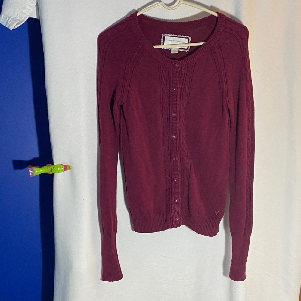 American Eagle Outfitters Y2K Burgundy Button-Up Cardigan, Size Small Preppy